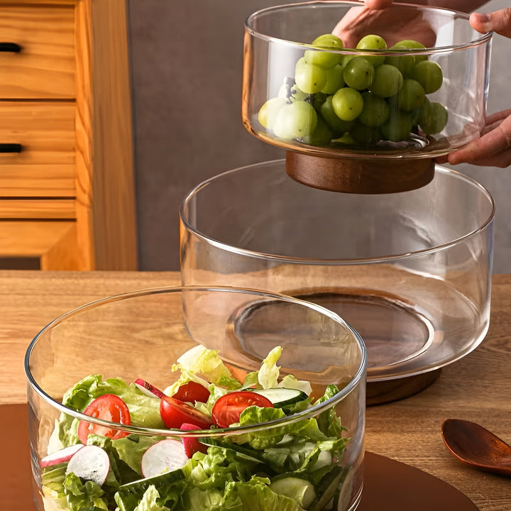 Glasskål med trebase – Elegant og dekorativ | Perfekt for frukt, snacks og salater på kjøkkenet | Skanto