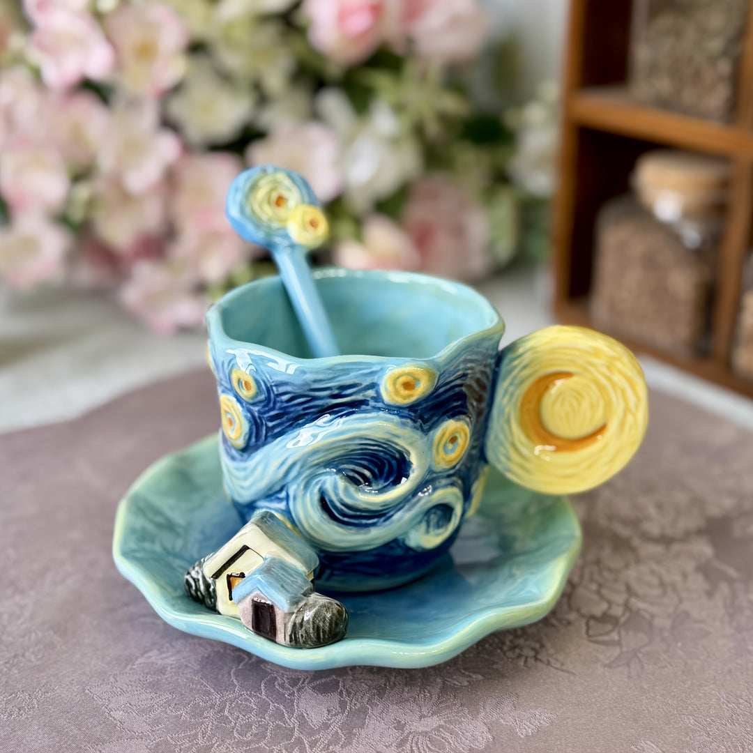 ArtSip Keramikkopp & Underskål Sett – Håndmalte 3D-design inspirert av Van Gogh | Skanto