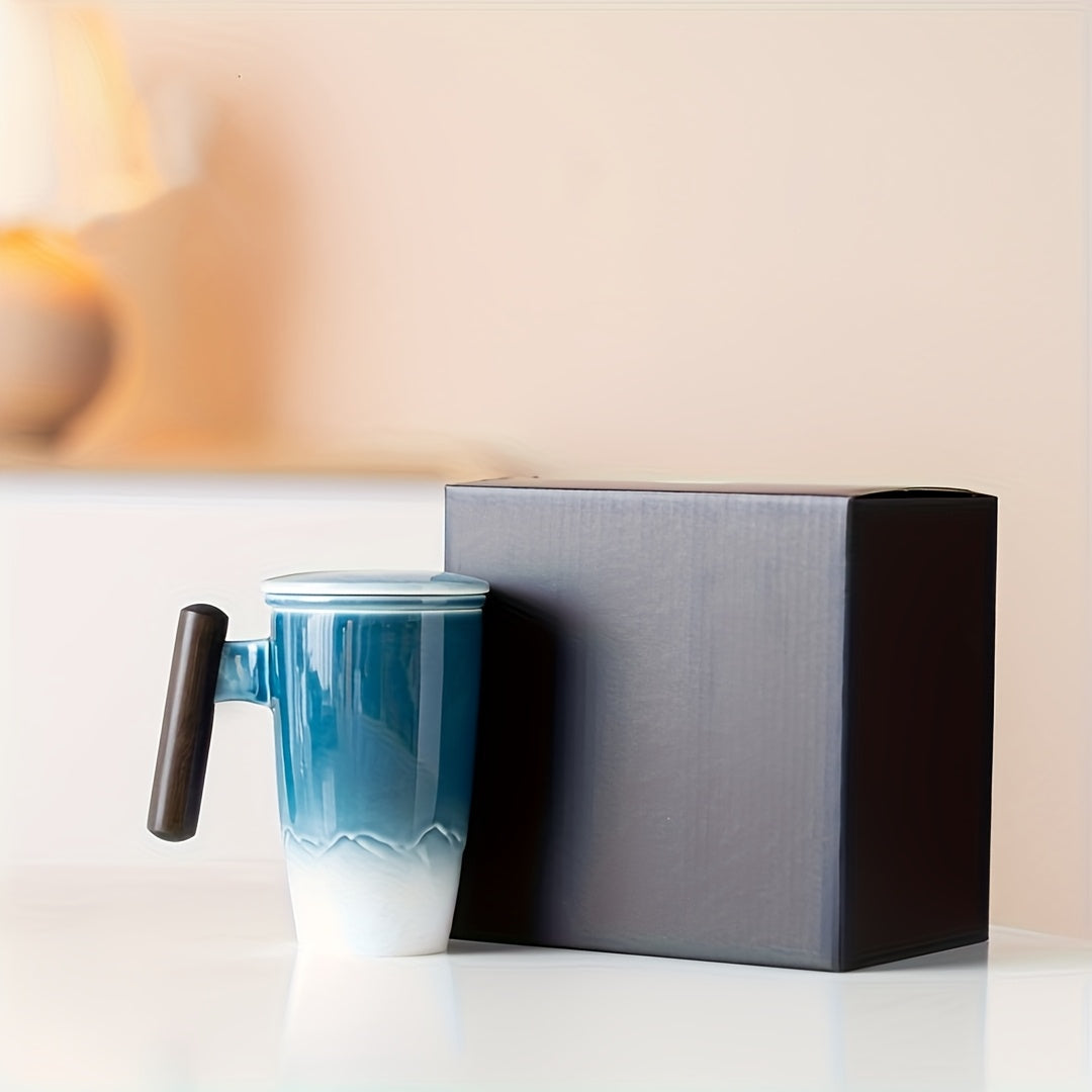 Skanto | TeaCraft Keramisk Kopp | Håndlaget | Med Te Filter og Trehåndtak | Retro Design