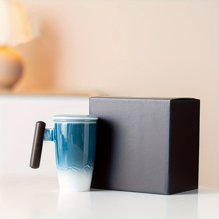 Skanto | TeaCraft Keramisk Kopp | Håndlaget | Med Te Filter og Trehåndtak | Retro Design
