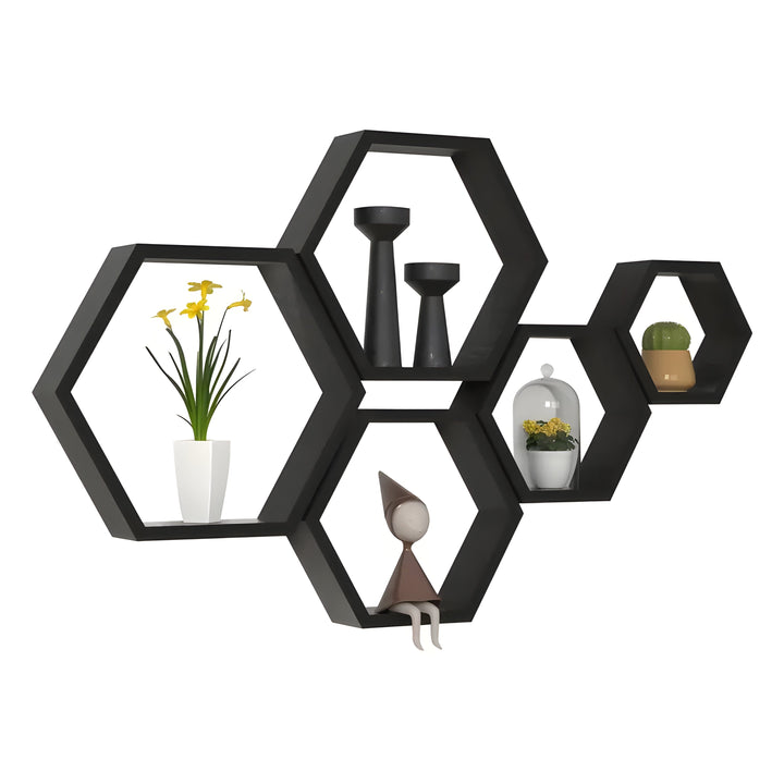 Skanto | Vegghyllesett HexaWood | 5-delt | Sekskantet design | Rustikk trelook