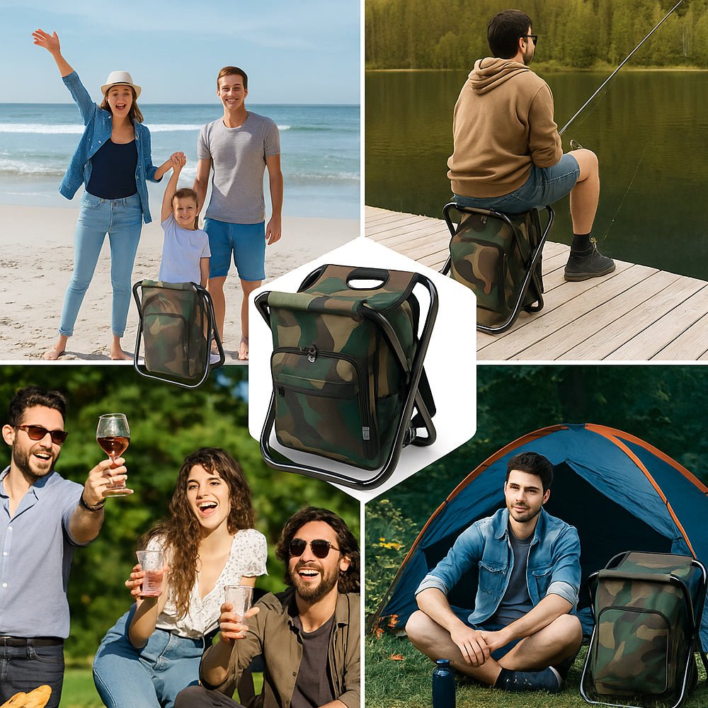 Skanto | Camochair Pack – 3-i-1 Ryggsekk, Kjøler & Sammenleggbart Stol for Utendørs Eventyr