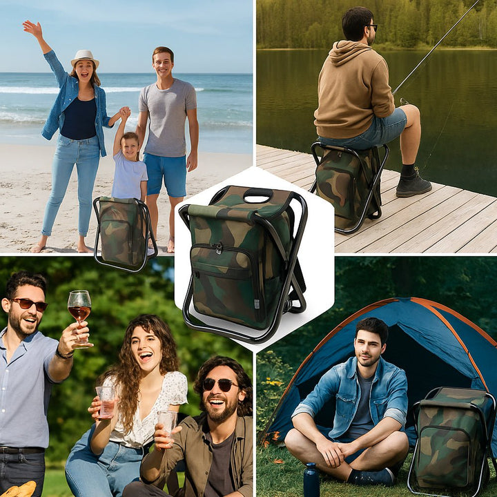 Skanto | Camochair Pack – 3-i-1 Ryggsekk, Kjøler & Sammenleggbart Stol for Utendørs Eventyr