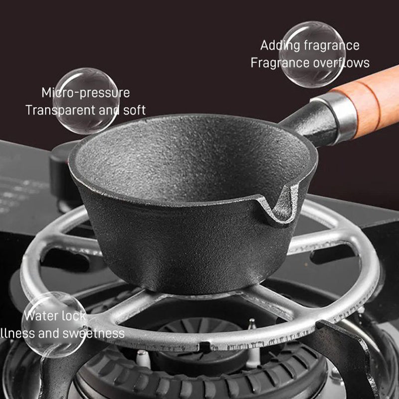 Gryte i støpejern med non-stick flat bunn omelettpanne med trehåndtak | Skanto
