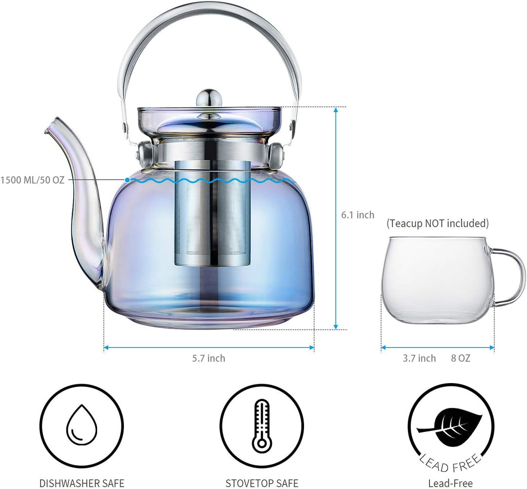 Skanto | 50 Oz(1500Ml) Glass Teapot with Lid, Removable Stainless Steel Tea Strainer and Handle, Stovetop Safe Tea Maker for Blooming and Loose Leaf Tea (Iridescent)