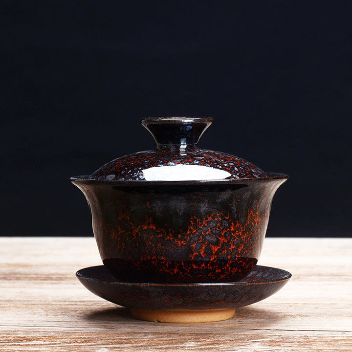 Skanto | Vintage Brennovn Keramisk Gaiwan Sancai Tekopp Tekopp og Tallerken med Lokk