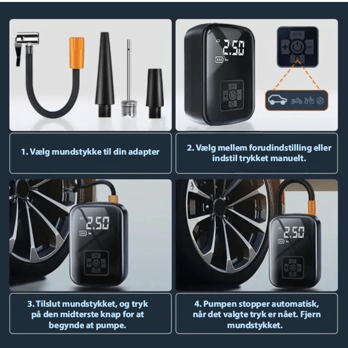 Norvo | KOMPAKT ELEKTRISK LUFTPUMPE – Bærbar oppblåser for dekk, baller og madrasser