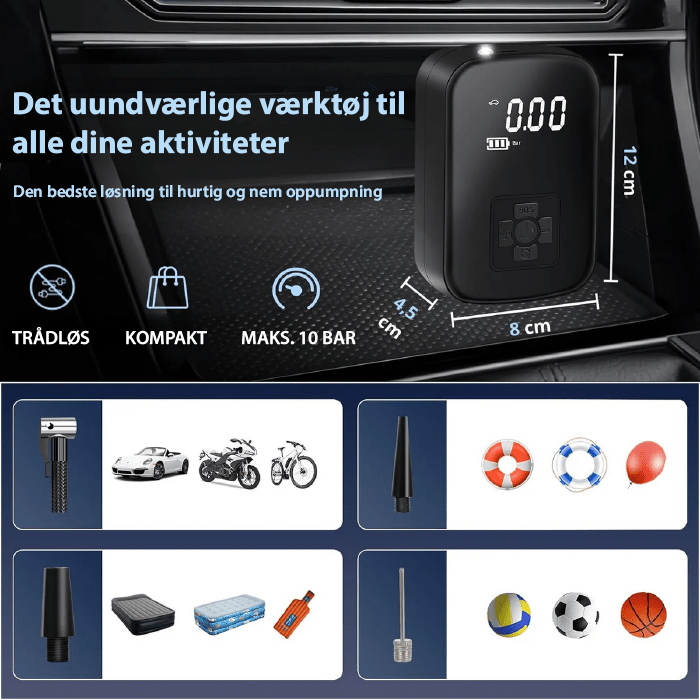 Norvo | KOMPAKT ELEKTRISK LUFTPUMPE – Bærbar oppblåser for dekk, baller og madrasser