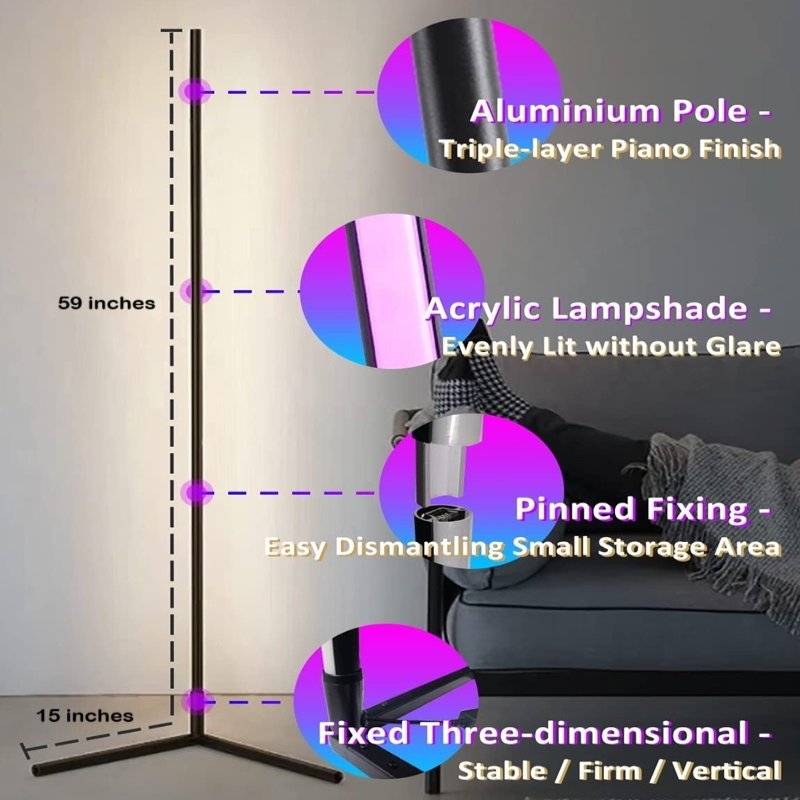 Norvo | Smart LED Fargeendrende Hjørne Gulvlampe med Fjernkontroll