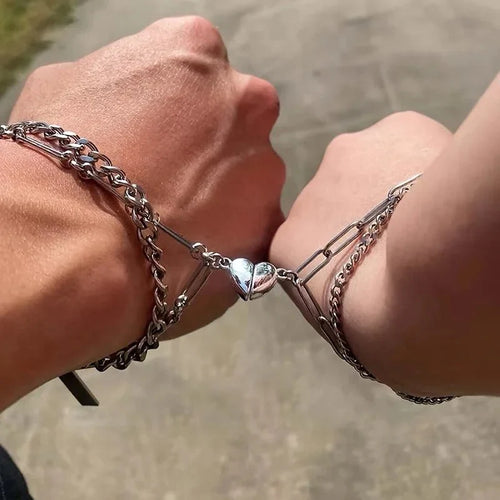 Skanto | Par Magnetisk Hjerte Cuban & Paperclip Kjede Armbåndsett