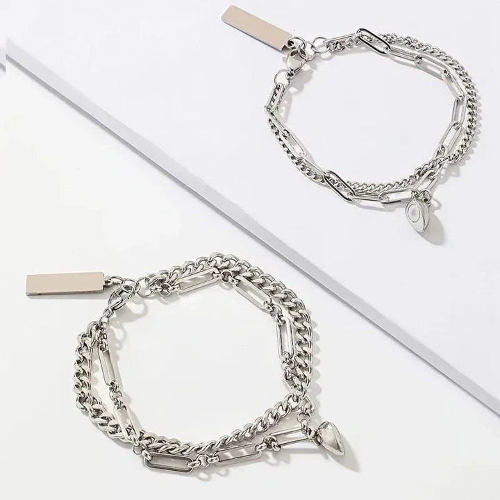 Skanto | Par Magnetisk Hjerte Cuban & Paperclip Kjede Armbåndsett