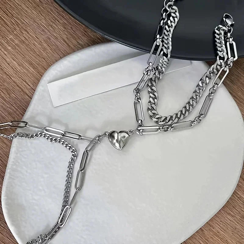 Skanto | Par Magnetisk Hjerte Cuban & Paperclip Kjede Armbåndsett