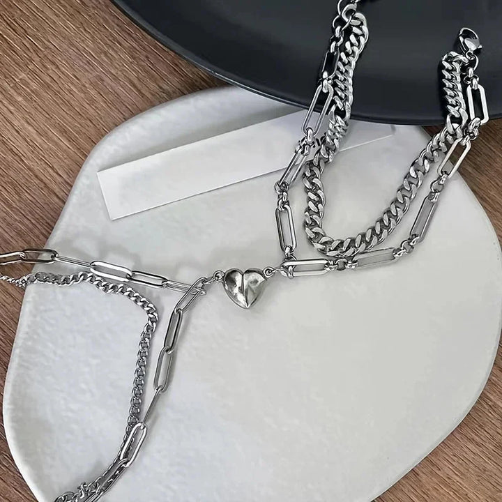 Skanto | Par Magnetisk Hjerte Cuban & Paperclip Kjede Armbåndsett