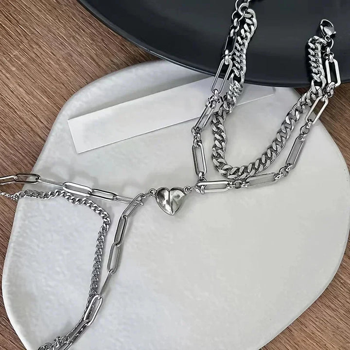 Skanto | Par Magnetisk Hjerte Cuban & Paperclip Kjede Armbånd Sett