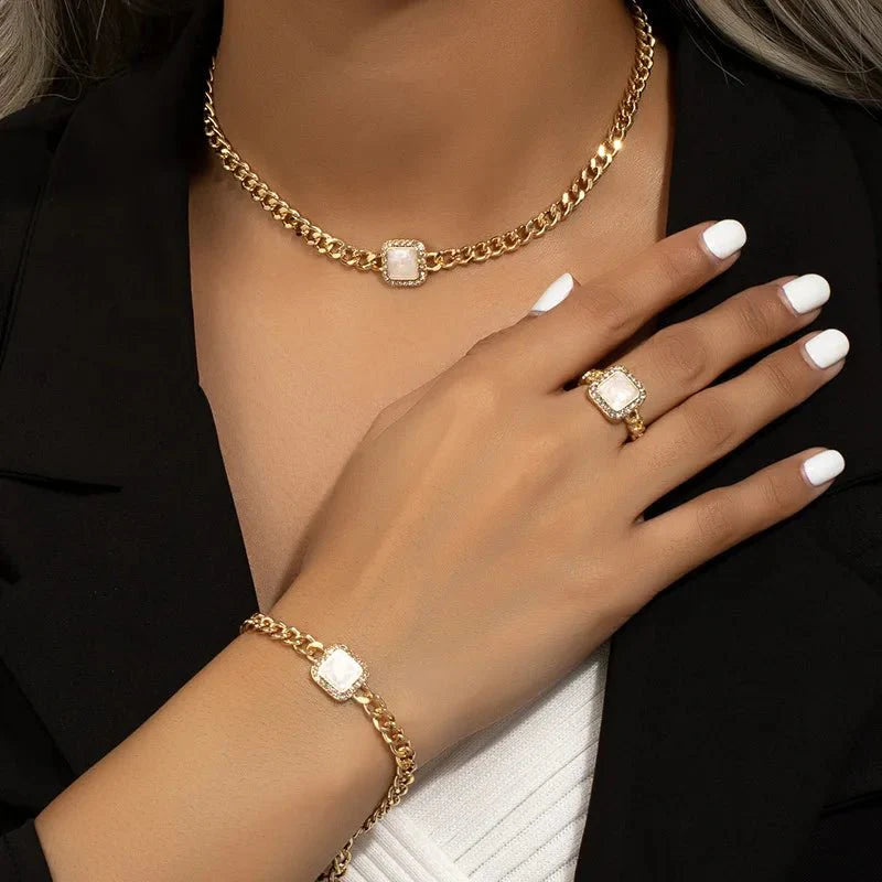 Skanto | Cuban Square Diamond Halskjede, Armbånd og Ring Sett
