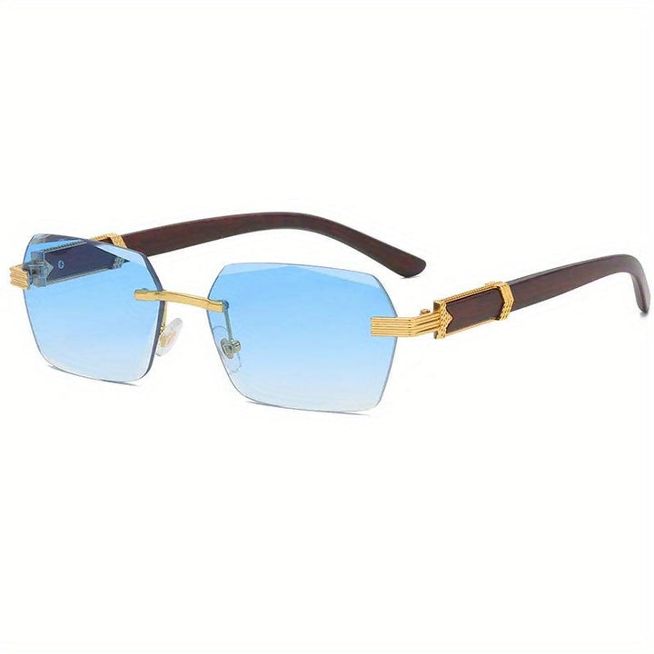 Rimless sunglasses with rectangular lenses and faux wood temples – Verro | Skanto