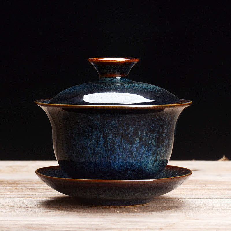 Skanto | Vintage Brennovn Keramisk Gaiwan Sancai Tekopp Tekopp og Tallerken med Lokk