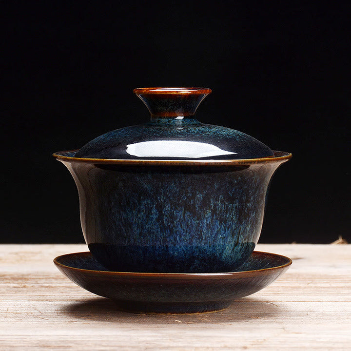 Skanto | Vintage Brennovn Keramisk Gaiwan Sancai Tekopp Tekopp og Tallerken med Lokk