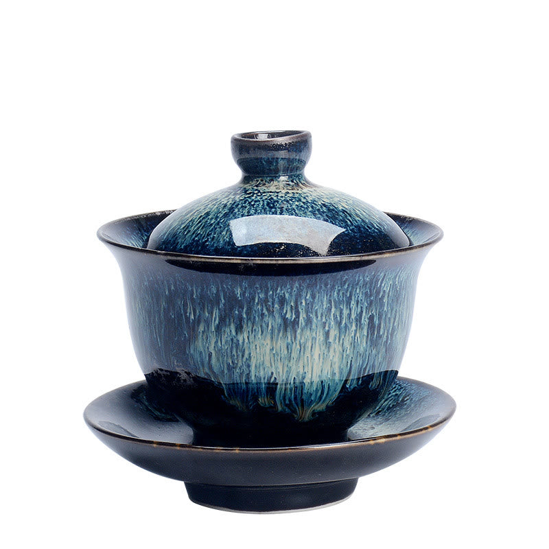 Skanto | Vintage Brennovn Keramisk Gaiwan Sancai Tekopp Tekopp og Tallerken med Lokk