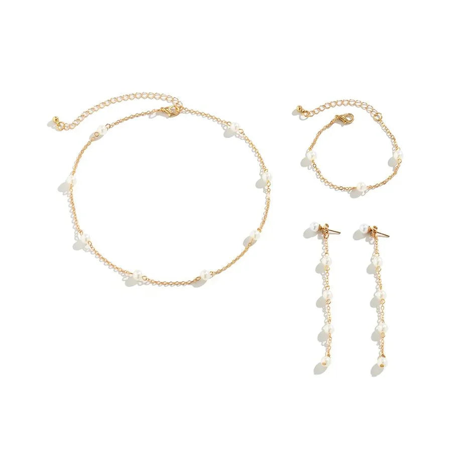 Skanto | Delikat Kjede Perle Armbånd, Halskjede, og Øredobb Sett