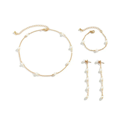 Skanto | Delikat Kjede Perle Armbånd, Halskjede, og Øredobb Sett