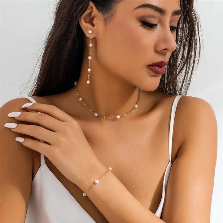 Skanto | Delikat Kjede Perle Armbånd, Halskjede, og Øredobb Sett