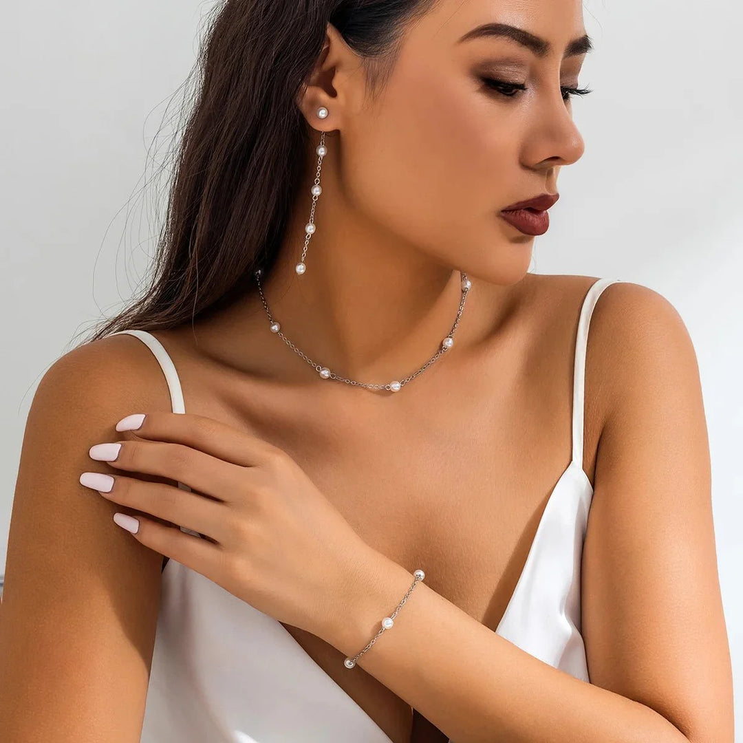 Skanto | Delikat Kjede Perle Armbånd, Halskjede, og Øredobb Sett