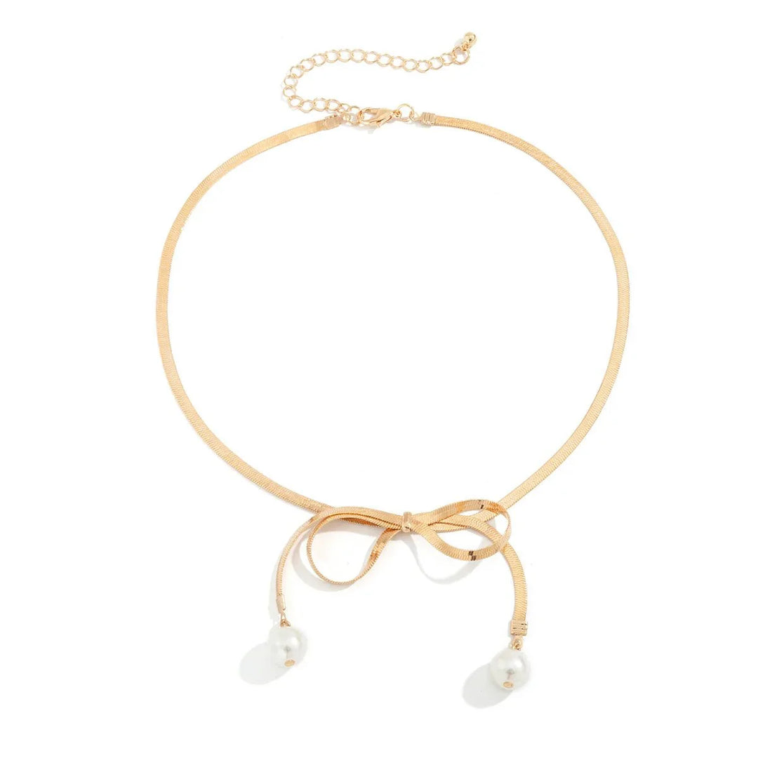 Skanto | Dainty Herringbone Pearl Bow Necklace