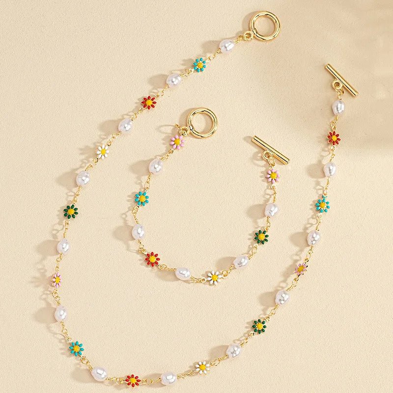 Skanto | Delikat Vår Blomster Perle Armbånd og Halskjede Sett