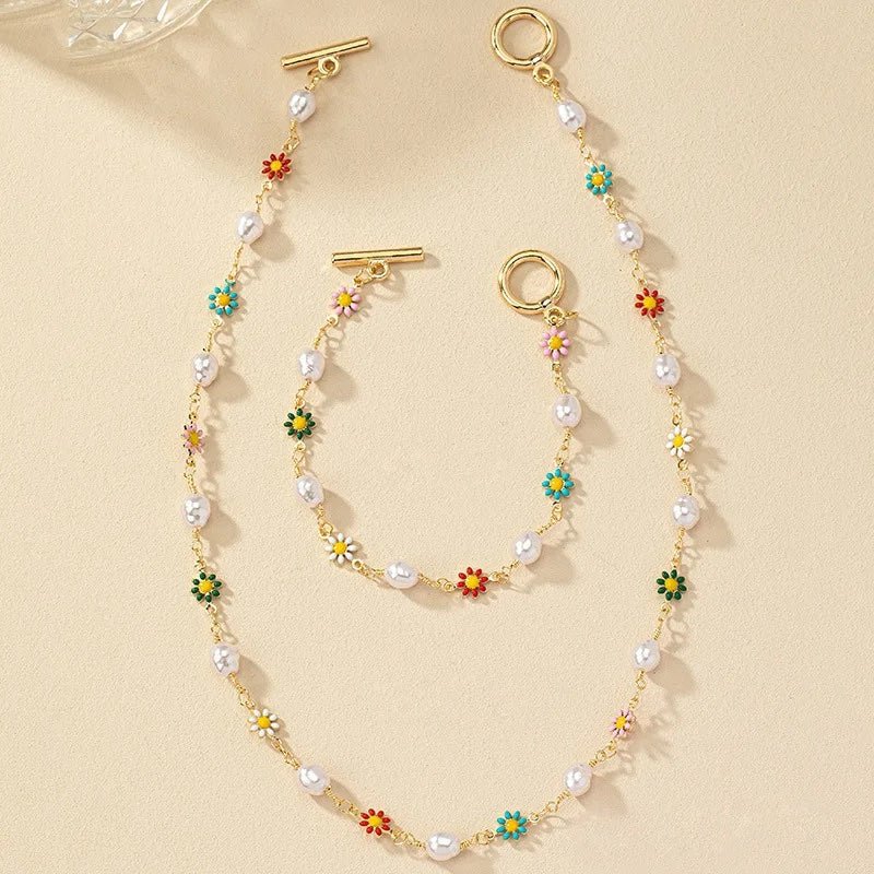 Skanto | Delikat Vår Blomster Perle Armbånd og Halskjede Sett