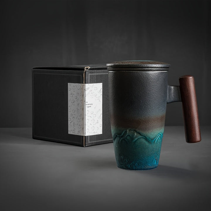 Skanto | TeaCraft Keramisk Kopp | Håndlaget | Med Te Filter og Trehåndtak | Retro Design