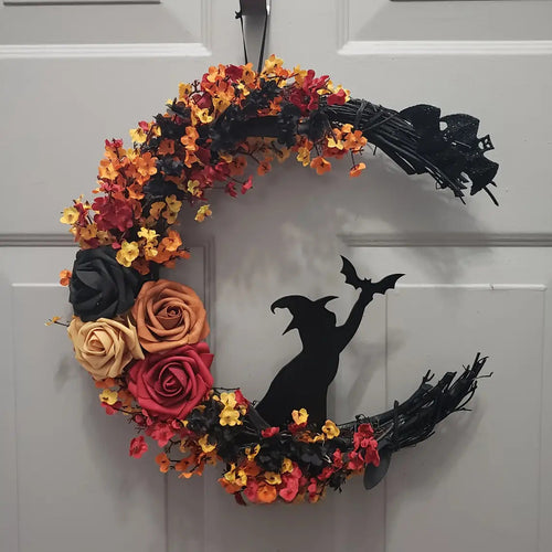 Skanto | Halloween Rustikk Heks Blomsterkrans | Halvmåne Dørdekorasjoner