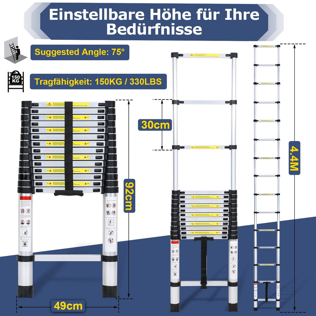 Teleskopisk stige Aluminium Belastningsevne opp til 150kg 2,6m-5m | Skanto