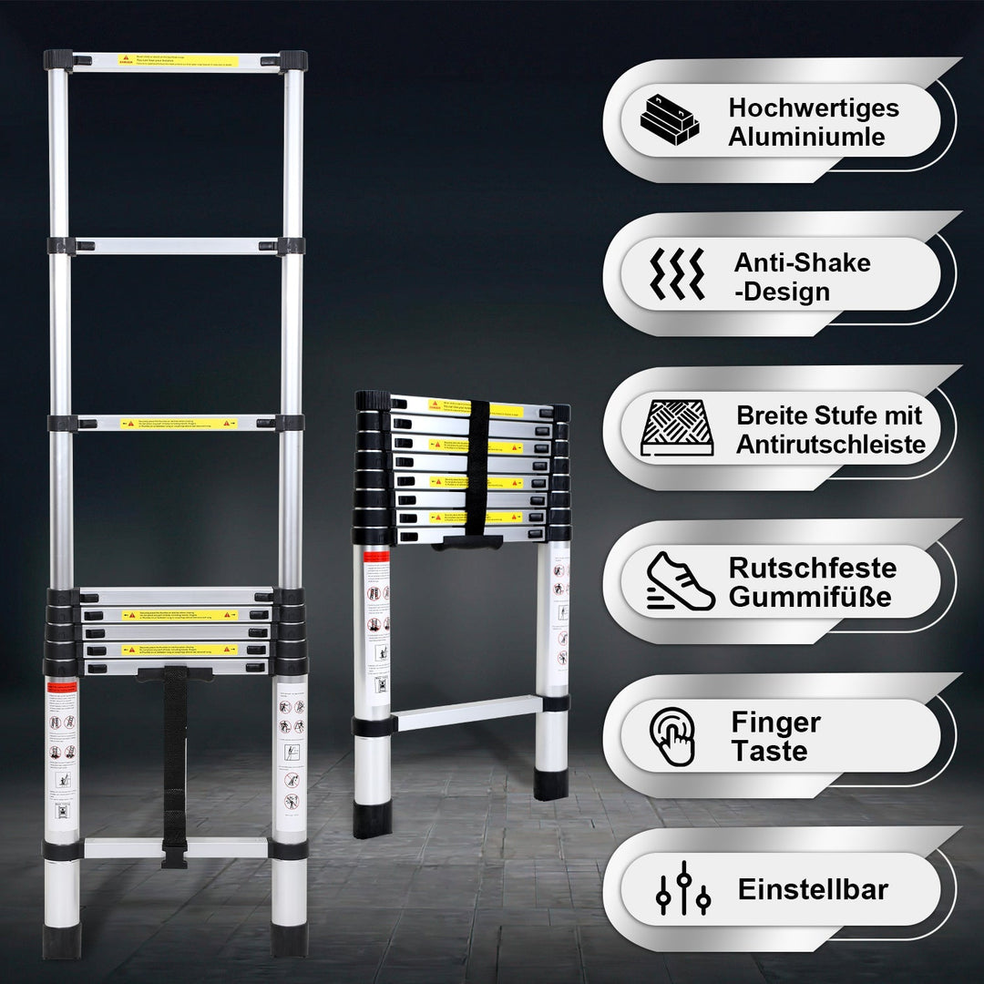 Teleskopisk stige Aluminium Belastningsevne opp til 150kg 2,6m-5m | Skanto