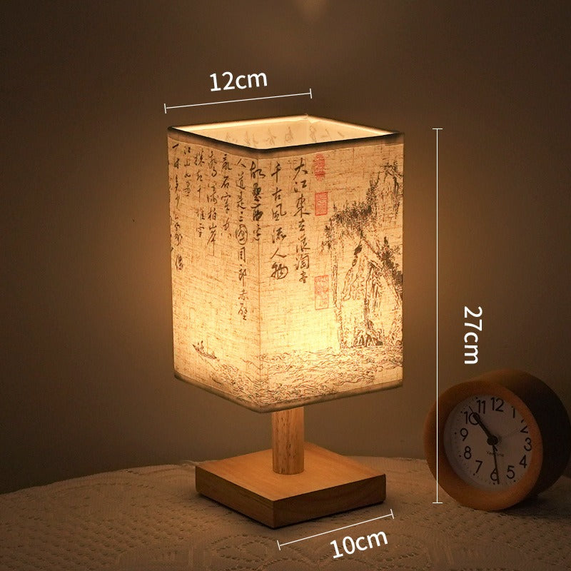 LED bordlampe i firkantet design – trebase med japansk mønster | Skanto