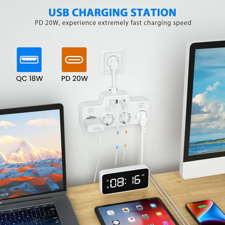 Skanto | Veggmontert strømskinne med uavhengig bryter 2 USB A og 1 USB C