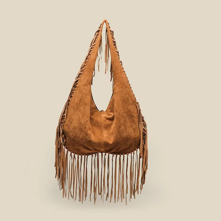 Skanto | Kvinneveske Retro mønster Suede mønster med frynser og croissantform