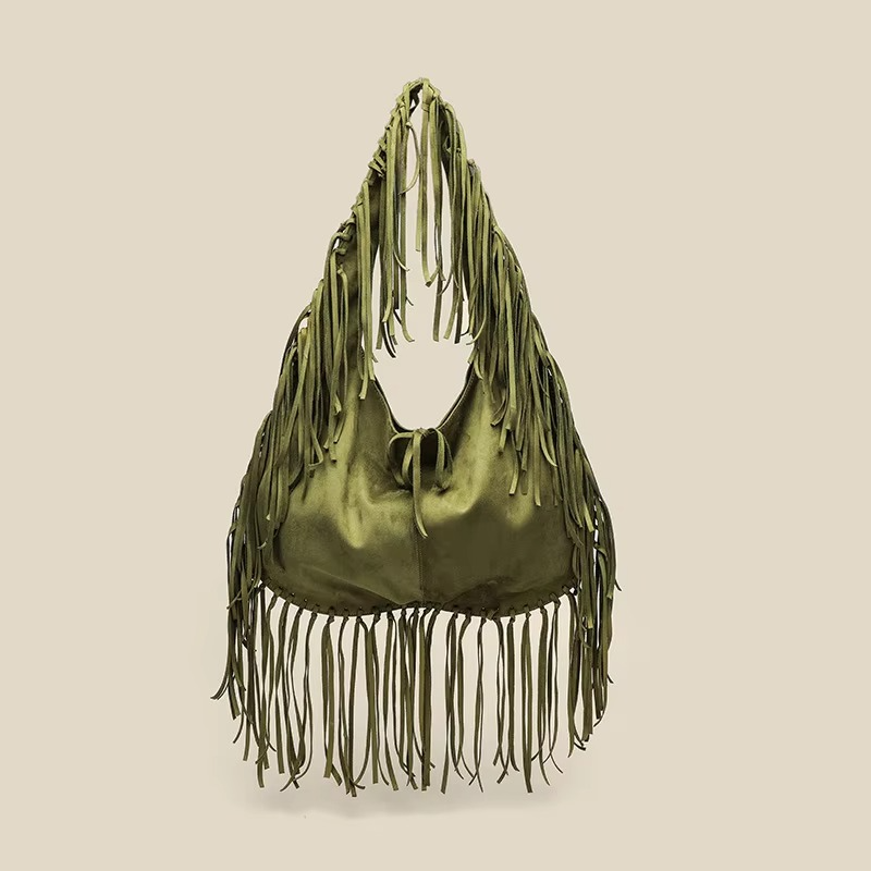 Skanto | Kvinneveske Retro mønster Suede mønster med frynser og croissantform