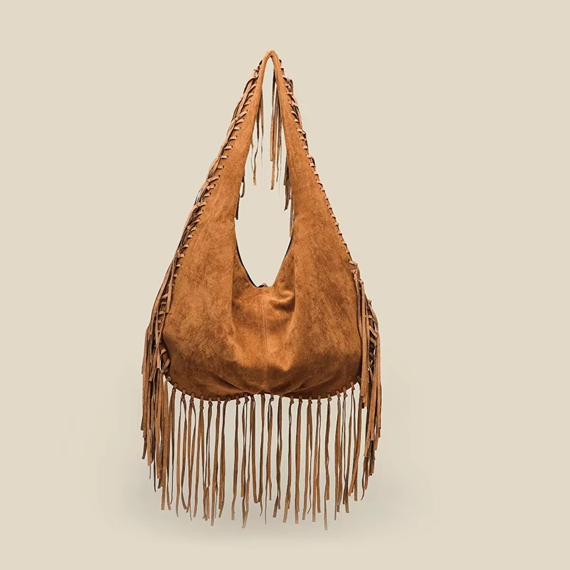 Skanto | Kvinneveske Retro mønster Suede mønster med frynser og croissantform