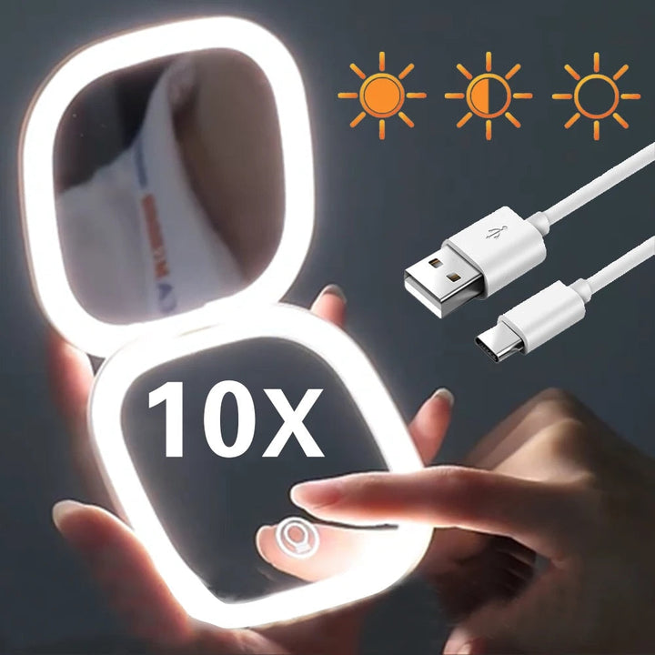 Skanto | Mini LED 10x forstørrelses kosmetisk speil med ulike lysinnstillinger, USB-ladbar