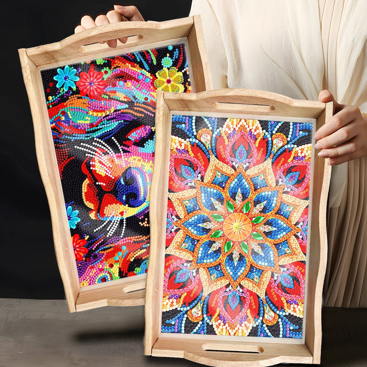 Skanto | DIY Diamant Maleri Trebrett Matbrett med Håndtak Stue Dekorasjon Mandala Trebrett Sett