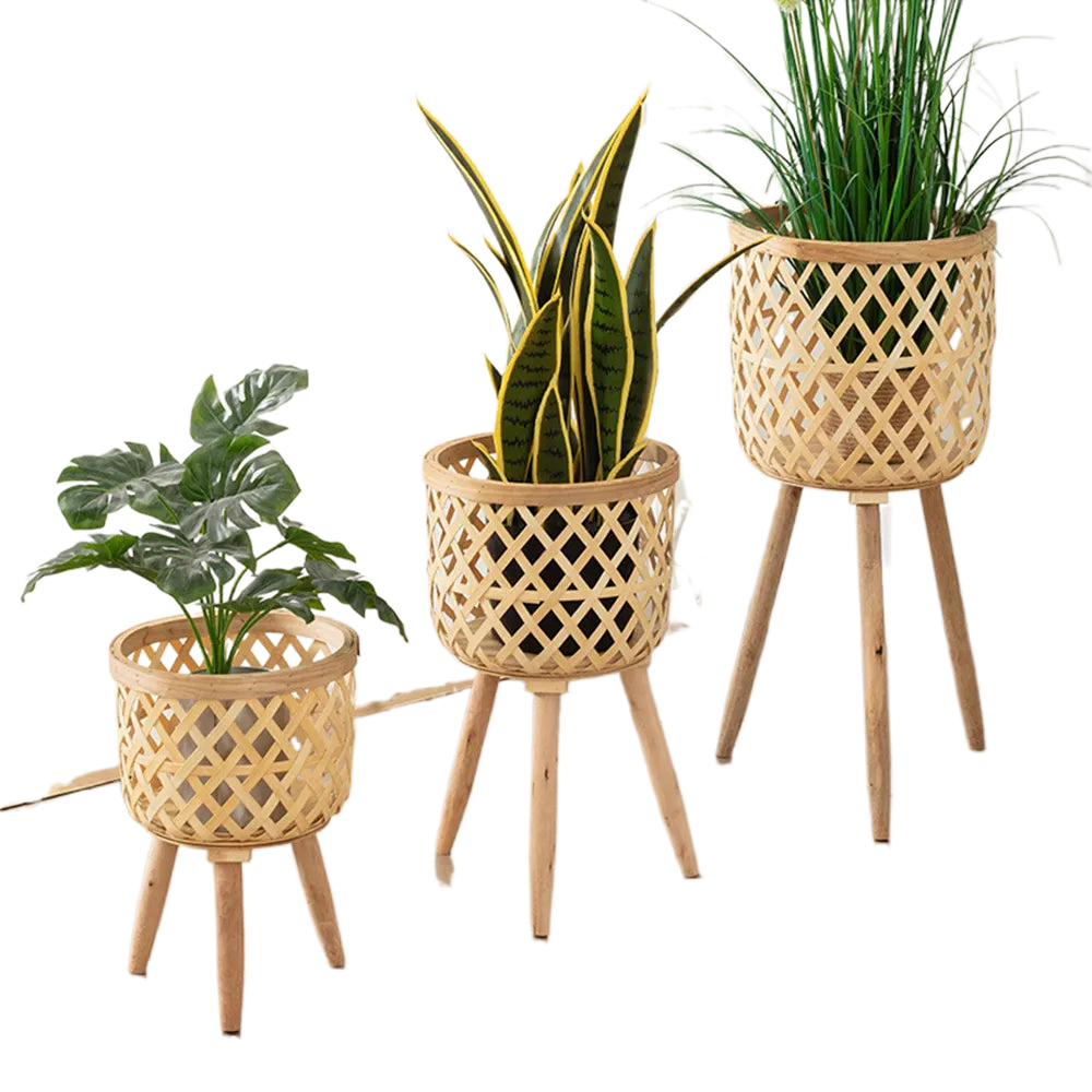 Skanto | Håndlaget bambusvevd blomsterpotte med stativ plante blomsterdisplay lagringsstativ DIY lagring barneplantetoppe hjemmeinnredning