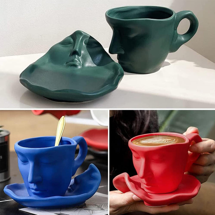 Skanto | Metal Touching Face Creative Ceramic Kiss Kaffekopp, Kunstnerisk Vibe Krus & Tallerken Sett