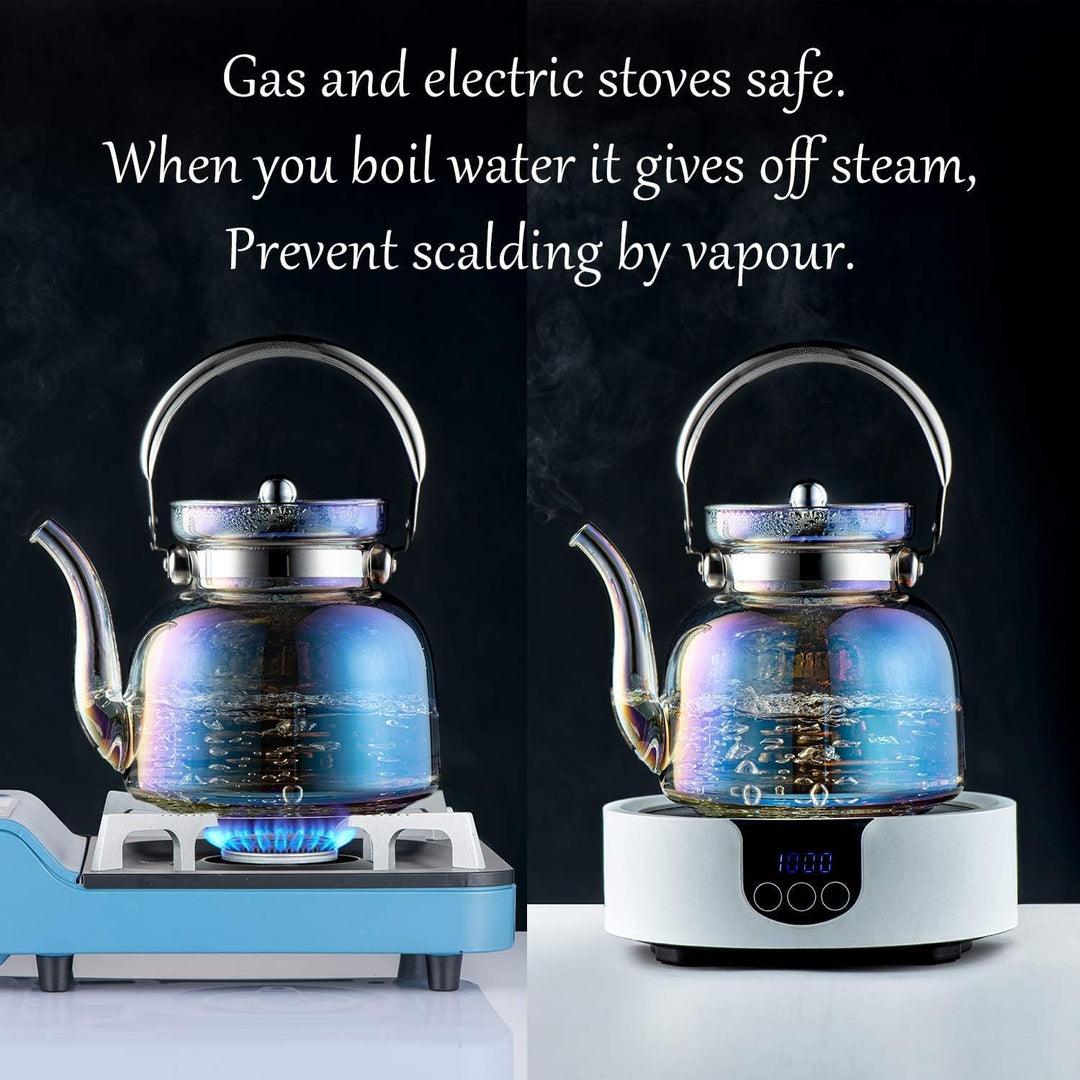 Skanto | 50 Oz(1500Ml) Glass Teapot with Lid, Removable Stainless Steel Tea Strainer and Handle, Stovetop Safe Tea Maker for Blooming and Loose Leaf Tea (Iridescent)
