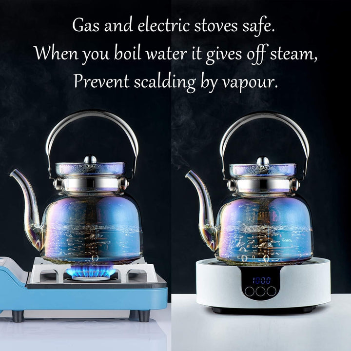 Skanto | 50 Oz(1500Ml) Glass Teapot with Lid, Removable Stainless Steel Tea Strainer and Handle, Stovetop Safe Tea Maker for Blooming and Loose Leaf Tea (Iridescent)