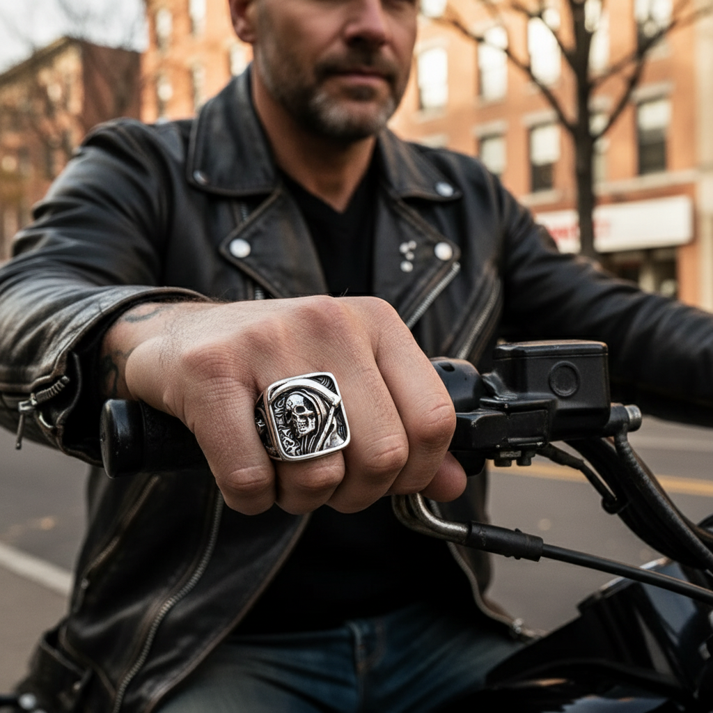 Skanto | Grim Reaper Hodeskalle Ring for Menn, Rustfritt Stål Punk Biker Smykker