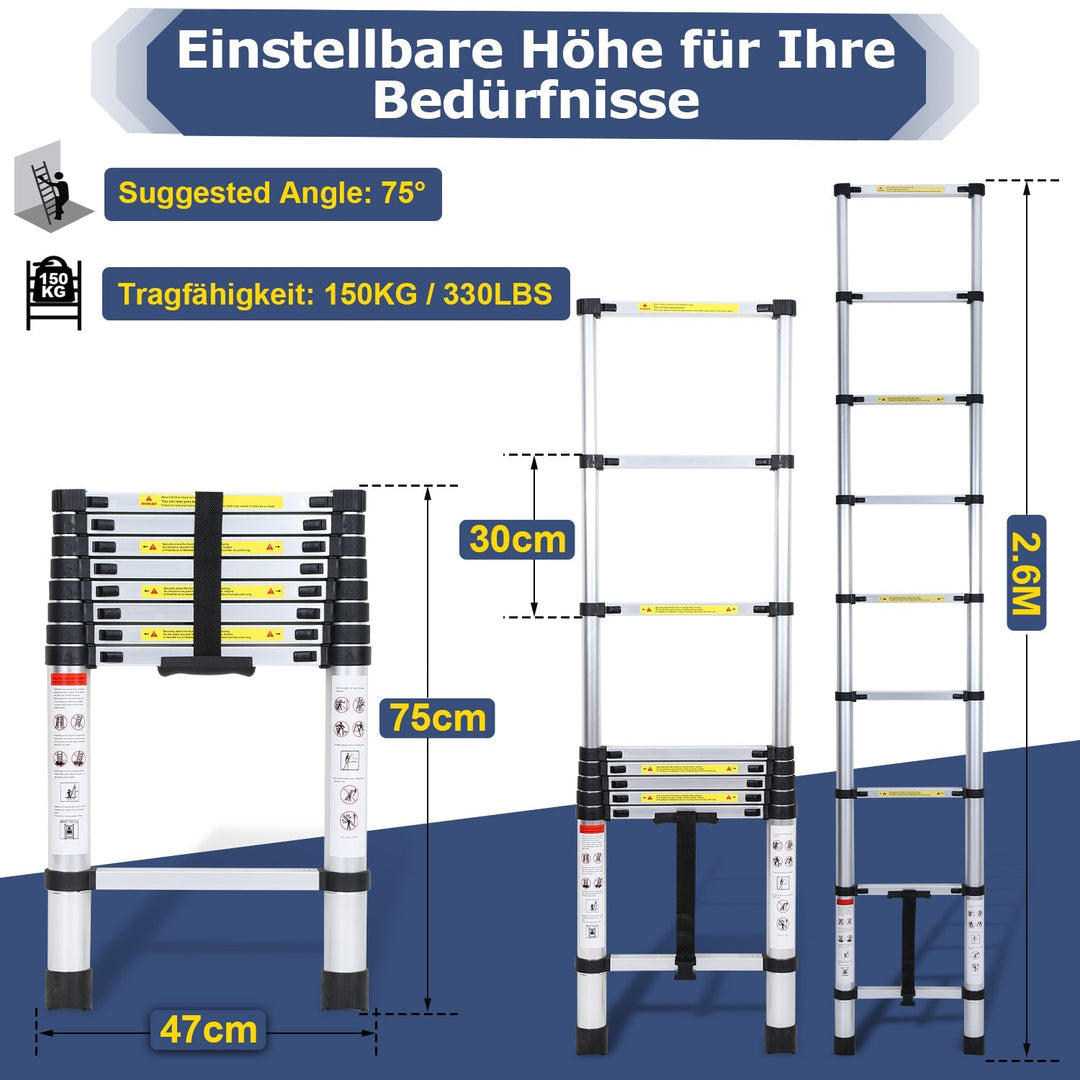 Teleskopisk stige Aluminium Belastningsevne opp til 150kg 2,6m-5m | Skanto