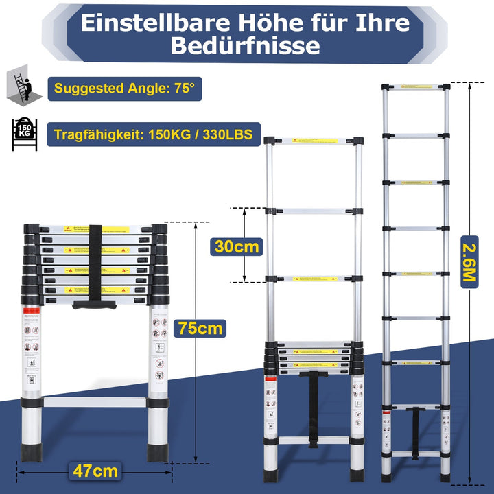 Teleskopisk stige Aluminium Belastningsevne opp til 150kg 2,6m-5m | Skanto