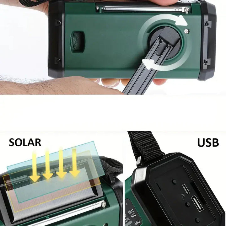 Skanto | Solcelle Nødradio med Power Bank – Håndspak og LED-lommelykt for Camping og Utendørsbruk