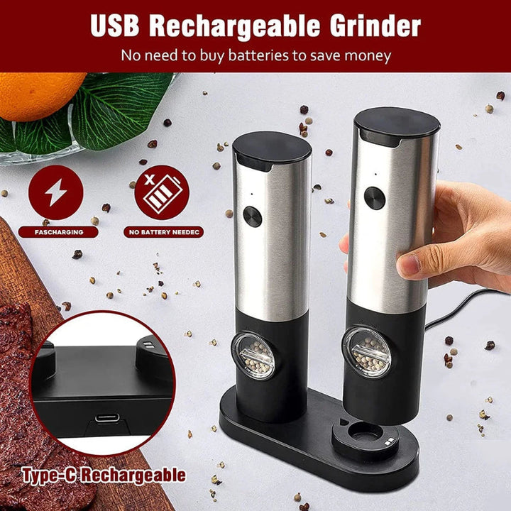 Elektrisk salt pepperkvern sett USB oppladbar automatisk krydderkvern | Skanto